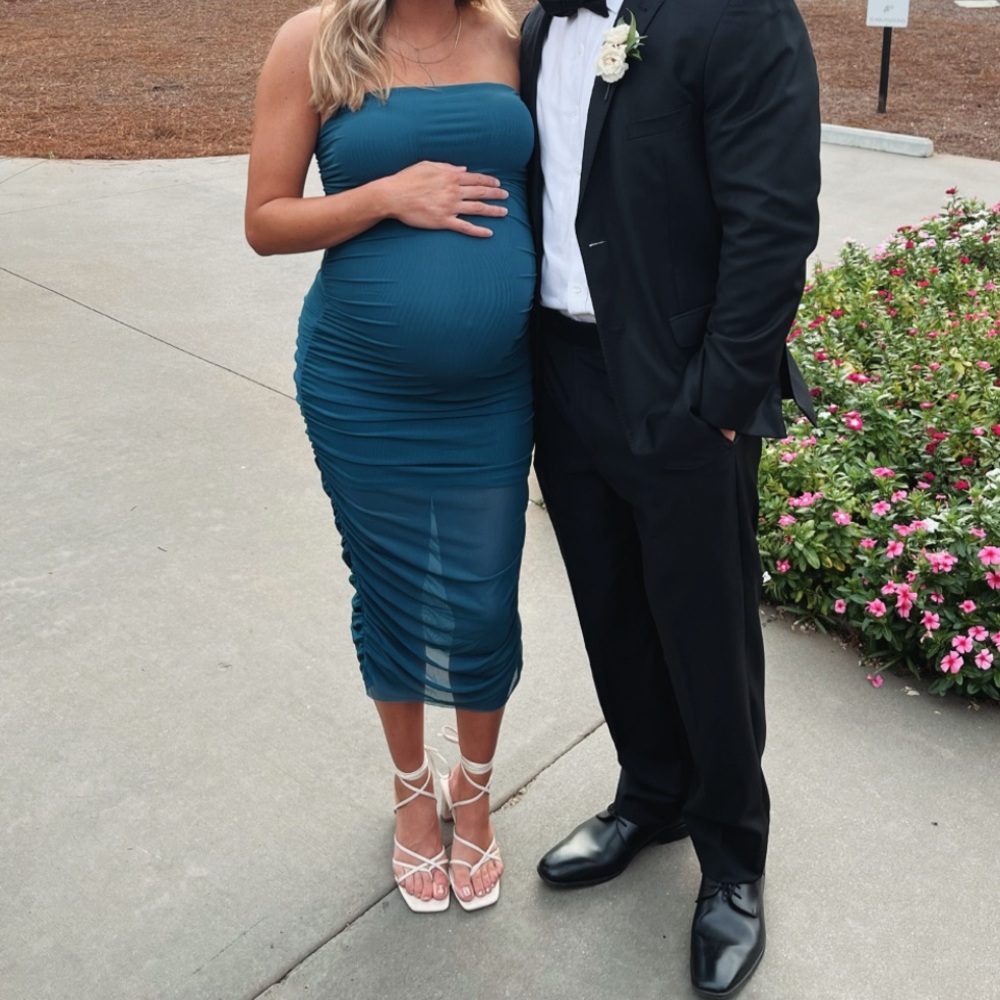 Blue ruched mesh midi maternity dress